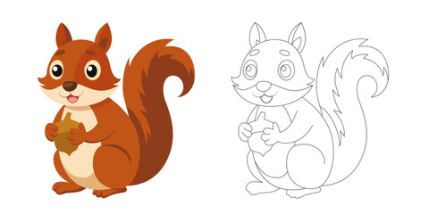 Cartoon squirrel holding nut in two styles colored and outline isolated on white background vector illustration