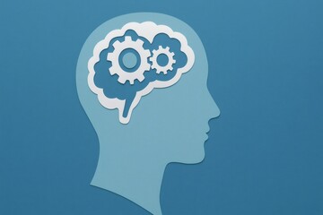 Rotating gears nestled within a stylized brain against a blue background, representing the intricate processes of thinking, intelligence, creativity, and effective problem solving