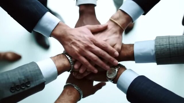 Diverse group of business people stacking hands in a circle, symbolizing unity, teamwork, and collaboration in a professional setting