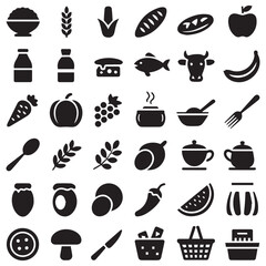 Collection of various food and drink icons representing healthy eating and grocery shopping in a clean graphic style