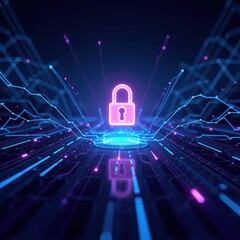 Neon Cybersecurity Lock – Digital Data Protection Concept