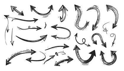 Hand-drawn collection of various arrows in different directions and styles