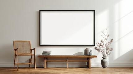 Minimalist interior with wooden bench, chair, and blank frame on bright wall.