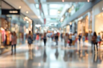 Defocused interior shopping mall. Motion blur customers walking in shopping mall. Blurred view of a modern shopping center. Boxing Day sale. Empty copy space, panorama. Indoor blurred bokeh background