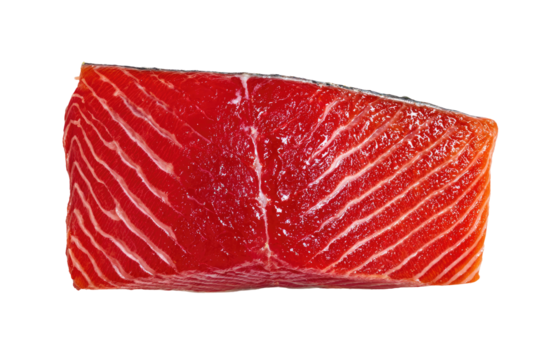 Close-up of a piece of raw, vibrant red fish fillet.  The fillet's texture is clearly visible, showcasing the distinct lines running through the flesh.  Isolated on a black background