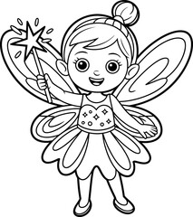 Cute fairy girl with magic wand black and white line art