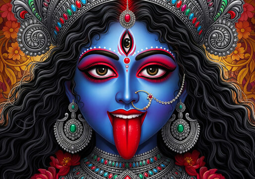 Hindu goddess shyama Kali face in the flowers patterns background, Kali Puja celebrated and diwali festival.