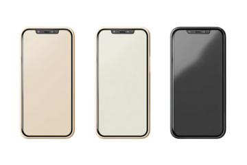 Three smartphones in different colors,  gold, white, and black, displayed horizontally.  Each has a rectangular screen and a thin frame