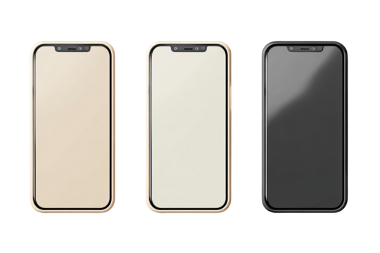 Three smartphones in different colors,  gold, white, and black, displayed horizontally.  Each has a rectangular screen and a thin frame