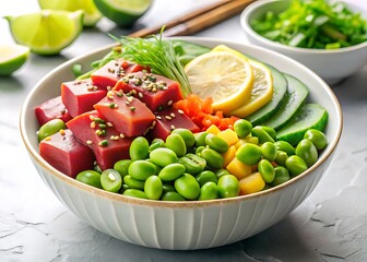 Colorful tuna poke bowl with edamame beans and lime garnish on a clean white backdrop