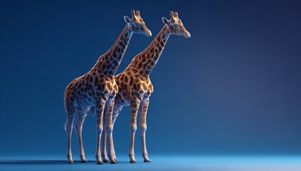 Obraz premium Full-Body View of Two Giraffes Standing Side by Side on Blue Background, Facing Forward