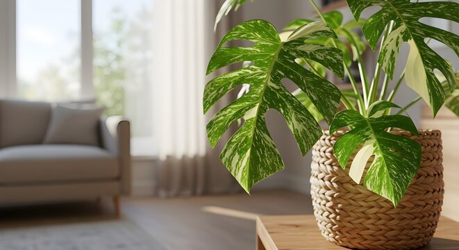 Close-up of variegated Monstera leaf in woven planter, luxury interior plant with marble texture, ai generation - Powered by Adobe