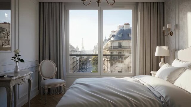 Sunlight moving across a luxurious parisian bedroom with an eiffel tower view, interior design footage.