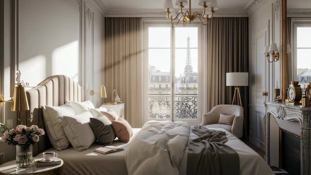 Luxurious bedroom interior with eiffel tower view and shifting sunlight for elegant living space footage.