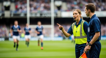 Female referee and male assistant discussing during rugby game