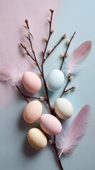 Pastel Easter Eggs with Pussy Willow Branch and Feathers
