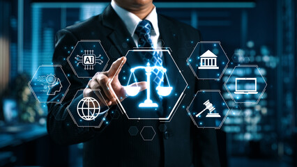 Futuristic digital law interface displaying justice scale, highlighting digital law, AI compliance,...