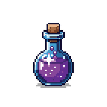Pixel Art Potion Bottle with Purple Liquid and Sparkles.