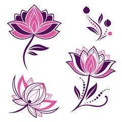 Lotus flower icons. Pink with Purple lotus flower. Vector lotus icons set on white background