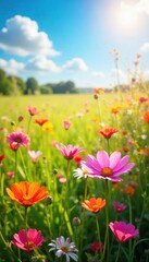 A vibrant, sun-drenched field of wildflowers swaying gently in the breeze, embodying carefree joy and passionate energy , happy, red, petals