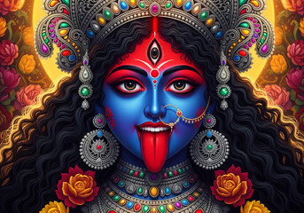Goddess shyama Kali face in the flowers patterns background, Kali Puja celebrated and diwali festival.