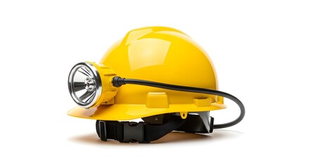 A yellow hard hat with a headlamp attached sitting on a white surface in a studio setting view