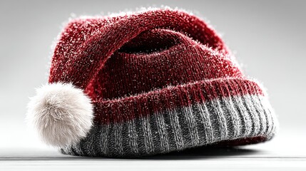 Festive Red and Gray Knitted Santa Hat with White Pom Pom and Snowflakes