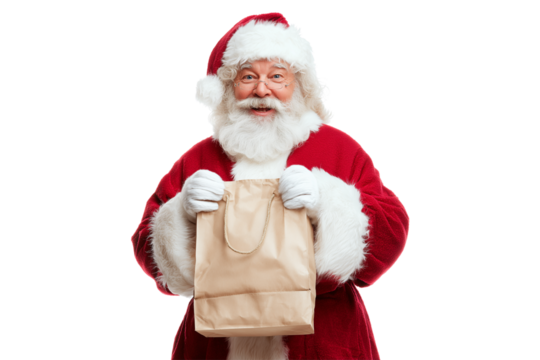A Christmas Santa Claus holding a gift bag, isolated on a transparent background. - Powered by Adobe