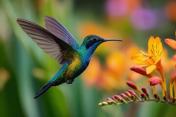 Fototapeta premium Shiny colored fiery throated hummingbird hovering near vibrant flowers in a tropical garden during daylight