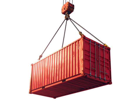 Red Cargo Container Suspended by Crane Hooks, Isolated PNG