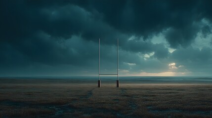 Rugby Goal Posts Standing in Open Field Under Dark Stormy Sky