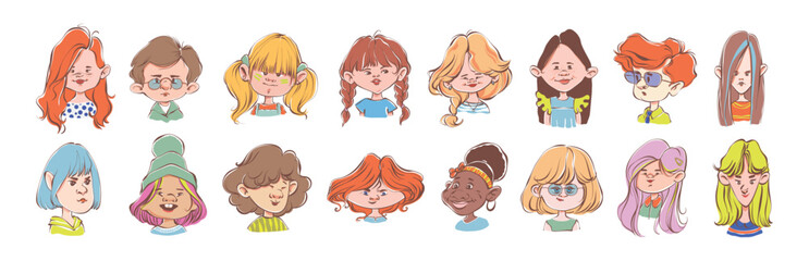 Set of children avatars. Different kids portraits of girls and boys with diverse face expressions, ethnicity, hair, skin color. Hand drawn illustration of multiracial school children, user profiles.