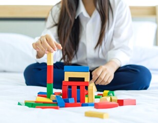 Child playing with colorful wooden blocks on a bed