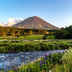 Volcanic mountain over a vibrant valley with wildflowers and a stream