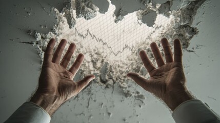 Hands reaching for broken ceiling, graph inside