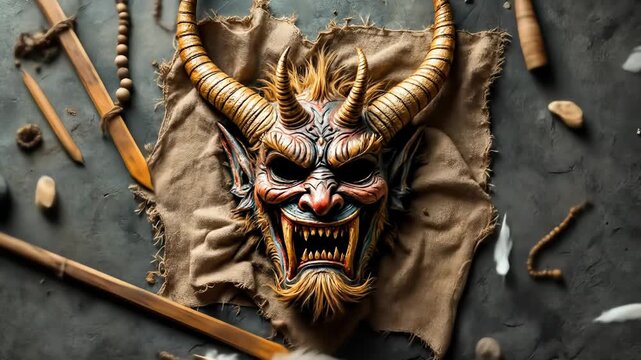 Colorful ravana mask surrounded by ritual objects, celebrating the hindu festival of dussehra