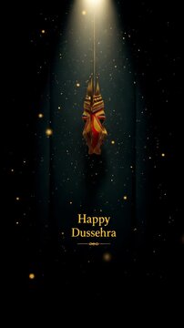 Golden mask with red and white details, hanging and gently swinging on a dark background with gold particles, celebrating dussehra festival