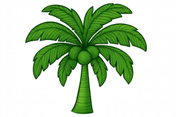Lush green coconut palm tree illustration with transparent background, perfect for tropical or vacation-themed projects