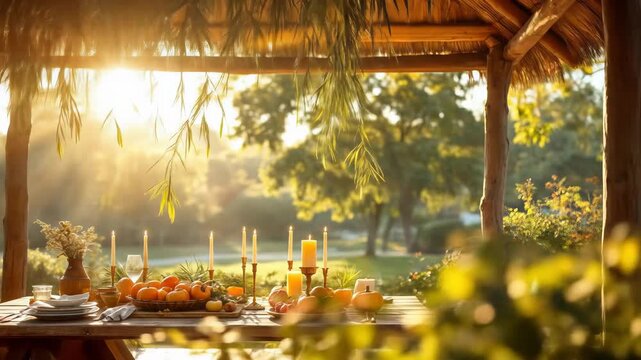 Festive table setting in a sukkah for sukkot, bathed in golden sunset light