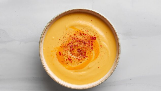 Golden Elixir. A Bowl of Smooth, Yellow Substance with Reddish Powder Adornment.