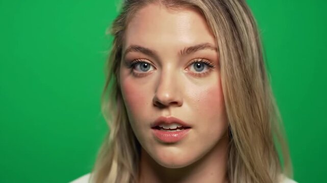 Blonde Woman's Face on Green Screen Makeup & Expression