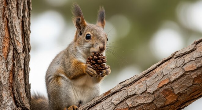 Red Squirrel Eats Pine Cone on a Tree Branch