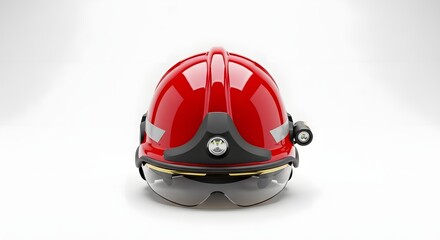 Fototapeta premium Close up of a shiny red firefighter helmet with visor and lights on a plain white background studio shot