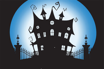 Haunted Halloween House with Bats, Spiders, Jack-o'-Lantern, and Creepy Trees in Spooky Graveyard Scene – Scary Night Background for Horror, Trick-or-Treat, or Halloween Party Design