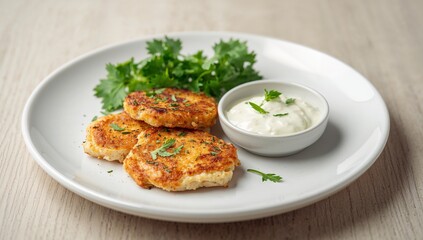 Golden Fritters With Fresh Herbs and Creamy Sauce on a Simple White Plate.
