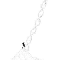 Fototapeta premium Silhouette of a person climbing a stylized dna strand on a white background leading upwards to the top