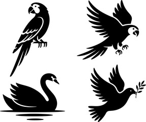 Obraz premium Bird Silhouettes Collection – Parrot, Swan, and Dove