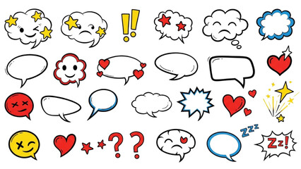 Expression Icons Vector Set | Comic Emotion Doodles with Stars, Hearts, Sparks, and Speech Bubbles