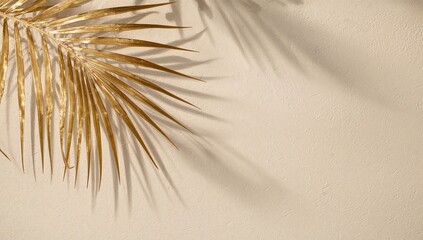Golden Leaf Shadow on Textured Beige Surface Minimalist Composition, Abstract Form.