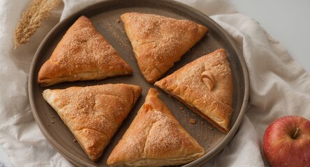 Naklejka premium Golden Triangle Pastries on Rustic Plate, With Apple Accent, Food Presentation.